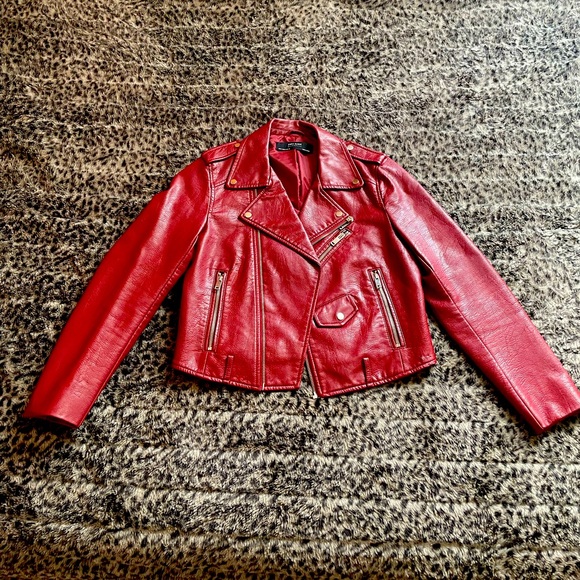 Zara Red Faux Leather Biker Jacket - Picture 1 of 2